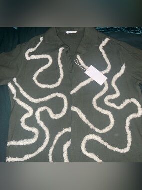Zara Men’s Olive Green Cardigan with Cream Chenille Swirl Detail** NWT